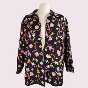 Kashmir Wool Floral Embroidered Jacket Sz 2X Art To Wear Lightweight Black Plus